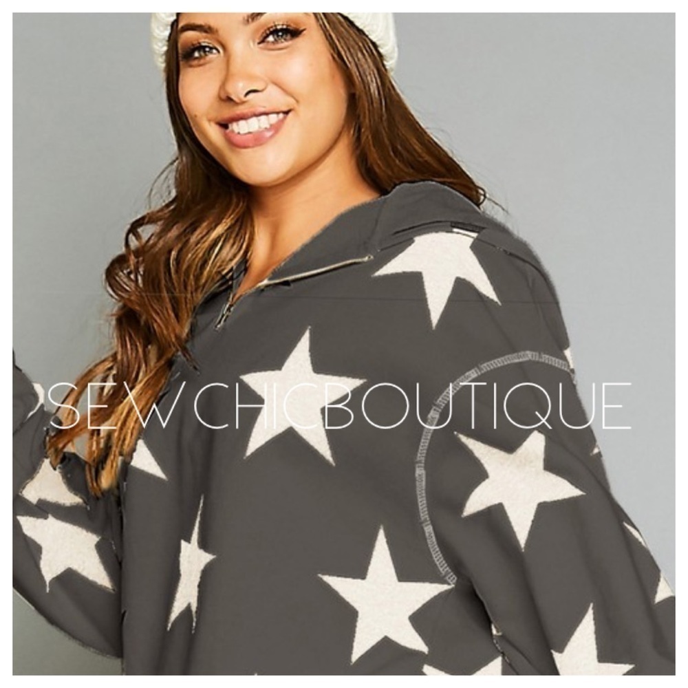 Star Printed Half Zip French Terry Hoodie